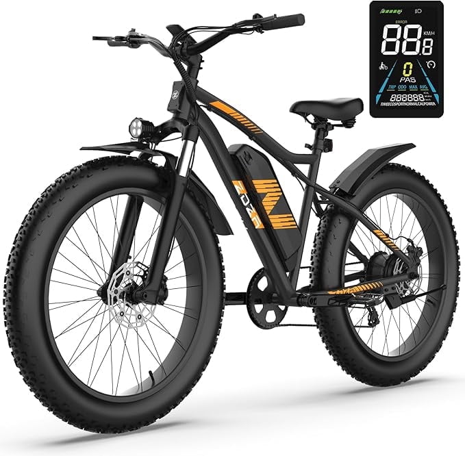 ZDZA Electric Bike for Adults, 1500W Peak E-Mountain Bicycle, 26" Fat Tire 28mph Ebike, 48V 624Wh Removable Battery 72Miles Range, 7 Speed and Dual Suspension UL2849
