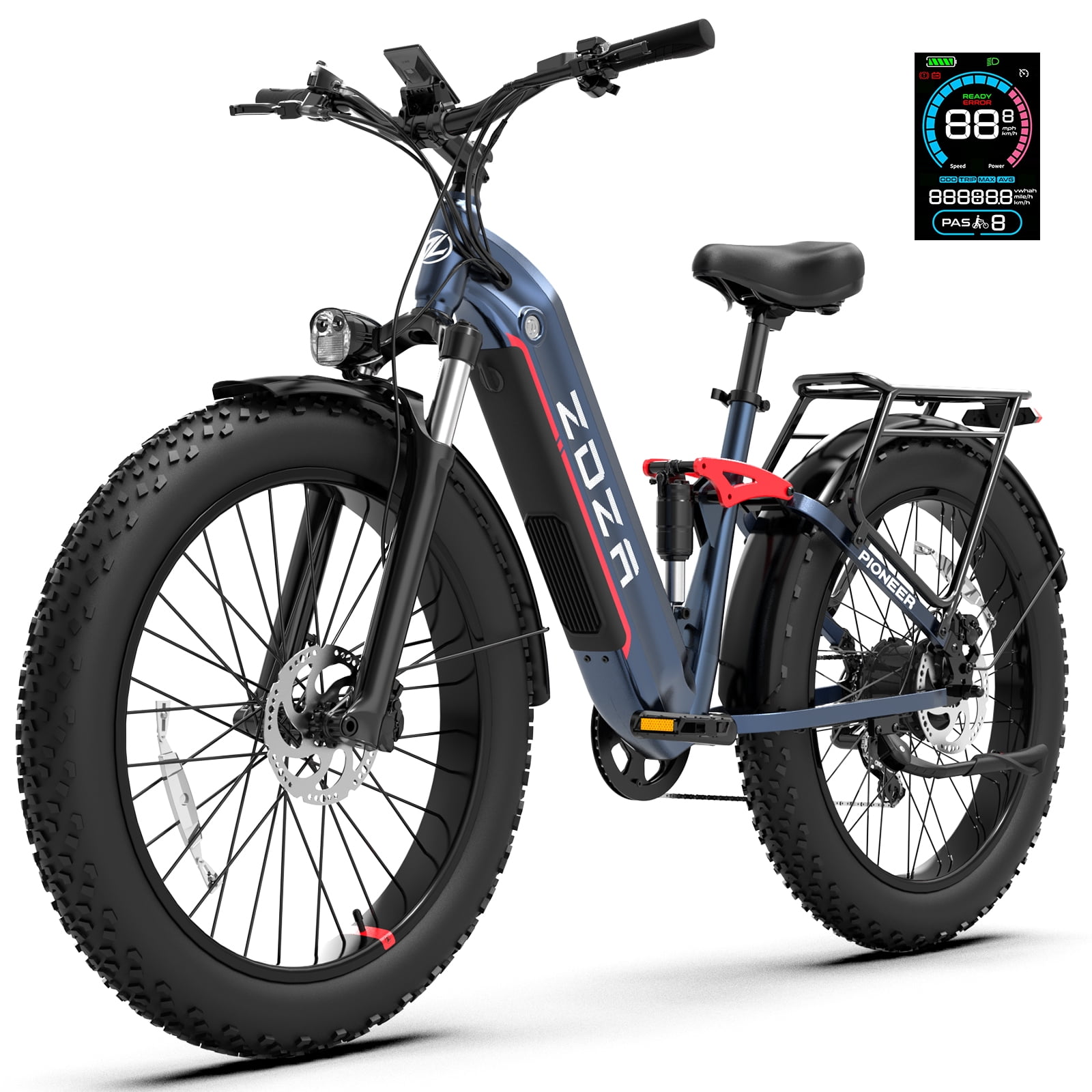 ZDZA Electric Bike for Adults, 26*4.0 Fat Tire 2000W Peak Motor 28MPH E-Mountain Bike, 48V 18Ah Off Road Ebike with Shelves, Dual Shock Absorbers UL2849