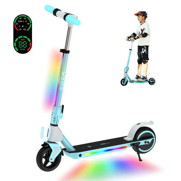 ZDZA Kids Electric Scooter for Ages 6-14, 10mph, 6mi Range 130W Escooter for Kids with LED Light, Adjustable Handlebar for Boys Girls Blue