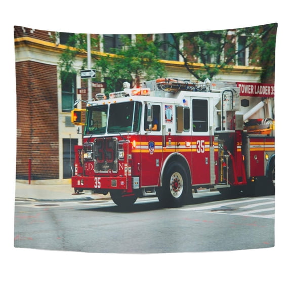 ZEALGNED Accident Red Fire NYC Firetruck Driving on Road Truck Wall Art Hanging Tapestry Home Decor for Living Room Bedroom Dorm 60x80 inch