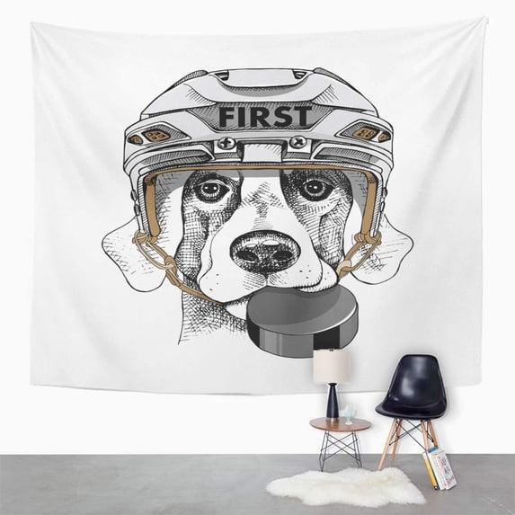 ZEALGNED Adorable Dog in White Ice Hockey Helmet Puck Wall Art Hanging Tapestry Home Decor for Living Room Bedroom Dorm 51x60 inch