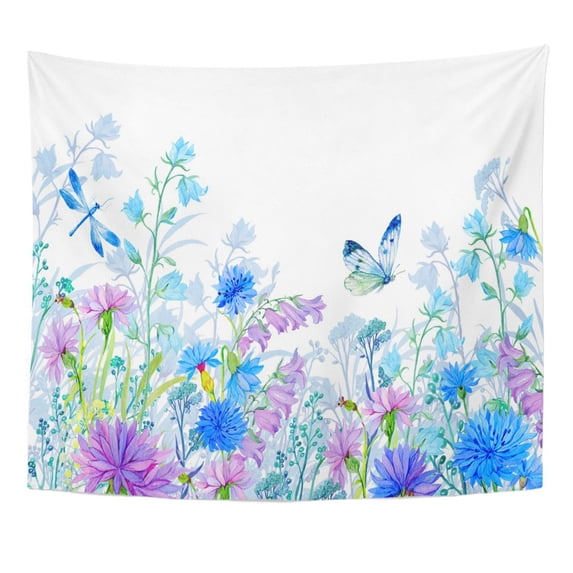 ZEALGNED Blue Pattern Flowers Watercolor Wildflowers and Butterflies Green Wall Art Hanging Tapestry Home Decor for Living Room Bedroom Dorm 51x60 inch