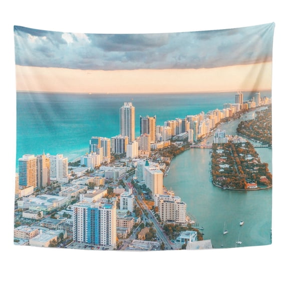 ZEALGNED Blue Skyline Helicopter View South Beach Miami Florida Wall Art Hanging Tapestry Home Decor for Living Room Bedroom Dorm 51x60 inch