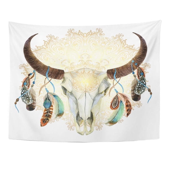 ZEALGNED Bull Watercolor Buffalo Skull Feathers on Golden Mandala in Boho Hand Head Wall Art Hanging Tapestry Home Decor for Living Room Bedroom Dorm 51x60 inch