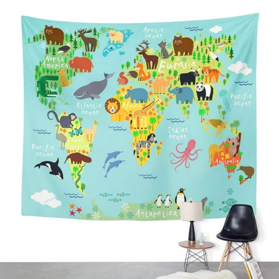 ZEALGNED Cartoon Map The World for Children Wall Art Hanging Tapestry Home Decor for Living Room Bedroom Dorm 51x60 inch