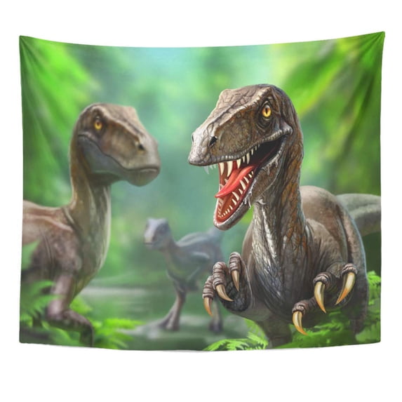 ZEALGNED Chalk Green Triceratops Three Dinosaurs Velociraptors in Nature Wall Art Hanging Tapestry Home Decor for Living Room Bedroom Dorm 51x60 inch