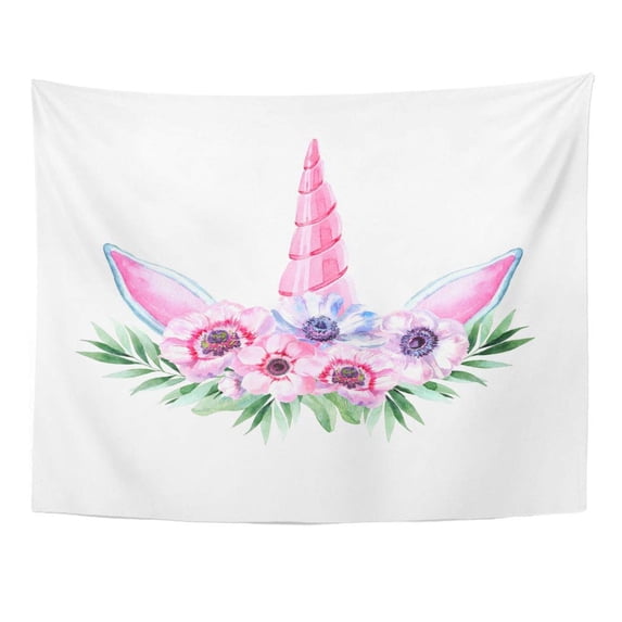 ZEALGNED Colorful Horn Watercolor Head Unicorn Floral Wreath on Princess Rainbow Cartoon Pony Horse Pink Magic Wall Art Hanging Tapestry Home Decor for Living Room Bedroom Dorm 60x80 inch