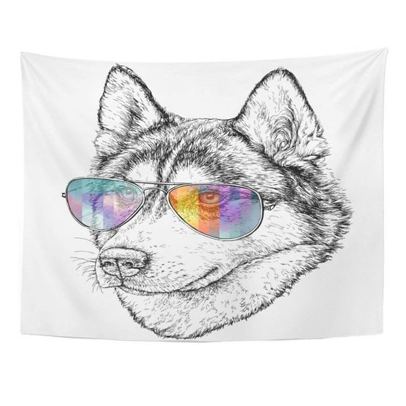 ZEALGNED Dog Husky Hipster Aviator Sunglasses Wolf Sketch Hand Vintage Wall Art Hanging Tapestry Home Decor for Living Room Bedroom Dorm 51x60 inch