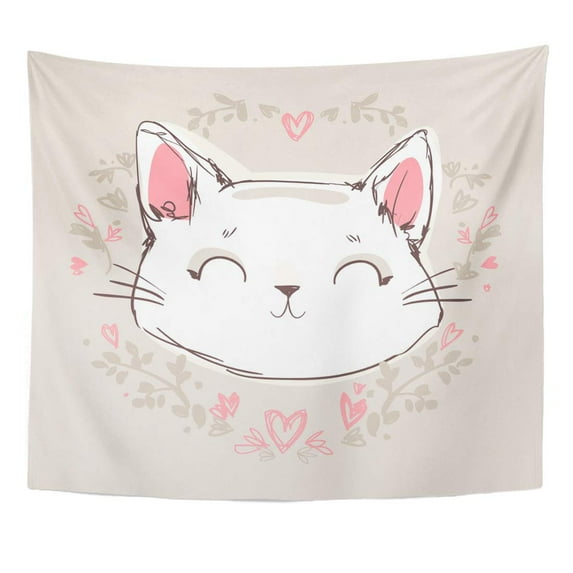 ZEALGNED Drawing Face Cat Cute Sketch Children Girl Flowers Little Kitty Adorable Wall Art Hanging Tapestry Home Decor for Living Room Bedroom Dorm 51x60 inch