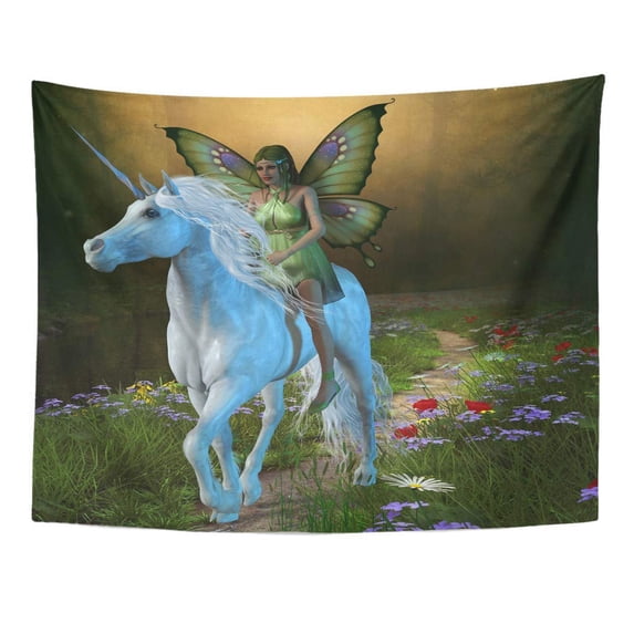 ZEALGNED Fantasy Forest Fairy and Unicorn Rides White Down Path in The Magical Fairyland Wall Art Hanging Tapestry Home Decor for Living Room Bedroom Dorm 51x60 inch