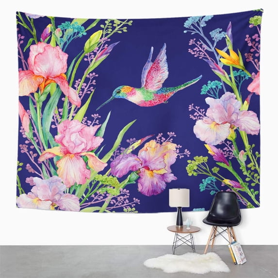 ZEALGNED Green Irises Flowers and Small Hummingbird Exotic Watercolor Blue Wall Art Hanging Tapestry Home Decor for Living Room Bedroom Dorm 60x80 inch