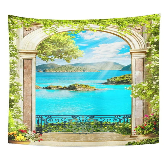 ZEALGNED Italy Beautiful Fresco Sea View Flowers Natural Beauty Wall Art Hanging Tapestry Home Decor for Living Room Bedroom Dorm 60x80 inch