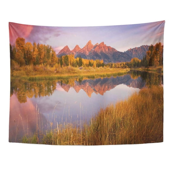 ZEALGNED Jackson Autumn Sunrise Over Schwabacher Landing in Grand Teton National Park Wyoming Alpenglow Wall Art Hanging Tapestry Home Decor for Living Room Bedroom Dorm 51x60 inch
