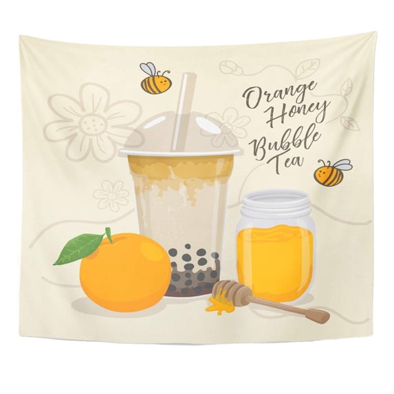 ZEALGNED Milkshake Milk Orange Honey Bubble Tea Cup Bees Boba Cocktail Cold Wall Art Hanging Tapestry Home Decor for Living Room Bedroom Dorm 51x60 inch