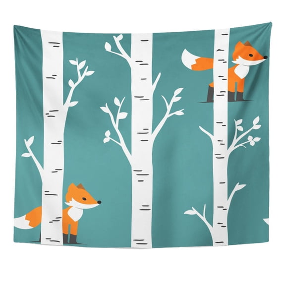 ZEALGNED Nursery Woodland Baby Room Forest Fox Birch Trees Wall Art Hanging Tapestry Home Decor for Living Room Bedroom Dorm 51x60 inch