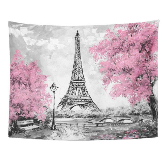 ZEALGNED Oil Painting Paris European City Landscape France Eiffel Tower Black White and Pink Modern Trees Wall Art Hanging Tapestry Home Decor for Living Room Bedroom Dorm 51x60 inch