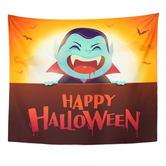 ZEALGNED Orange Happy Halloween Dracula Vampire Big Signboard in The Wall Art Hanging Tapestry Home Decor for Living Room Bedroom Dorm 51x60 inch