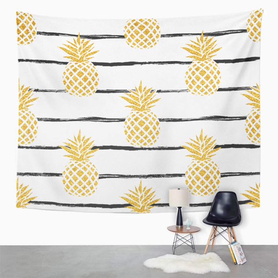 ZEALGNED Pattern Summer Gold Pineapple on Striped Ananas Vintage Fruit Wall Art Hanging Tapestry Home Decor for Living Room Bedroom Dorm 60x80 inch