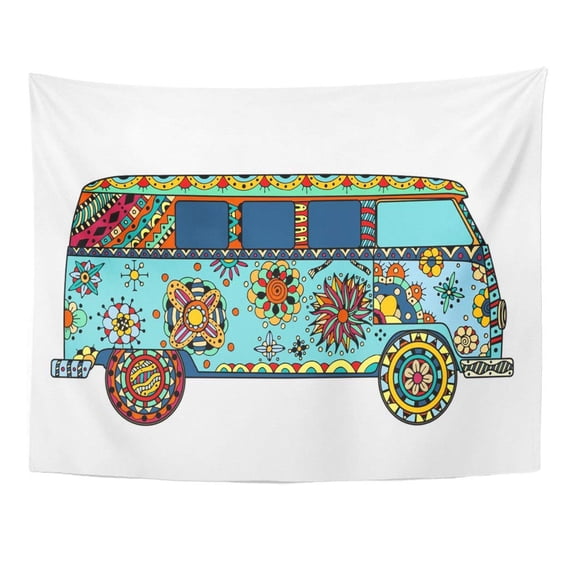 ZEALGNED Vintage Car Mini Van in Zentangle The Popular Bus Model Environment Followers Hippie Movement Wall Art Hanging Tapestry Home Decor for Living Room Bedroom Dorm 51x60 inch