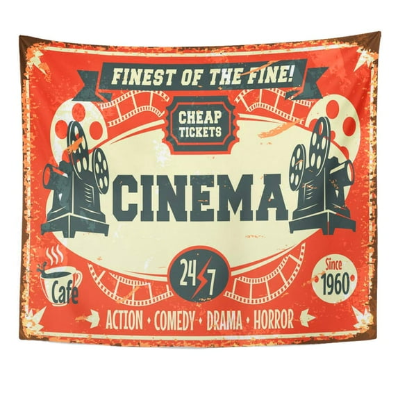 ZEALGNED Vintage Hollywood Retro Cinema Movie Old Sign Film Classic Wall Art Hanging Tapestry Home Decor for Living Room Bedroom Dorm 51x60 inch