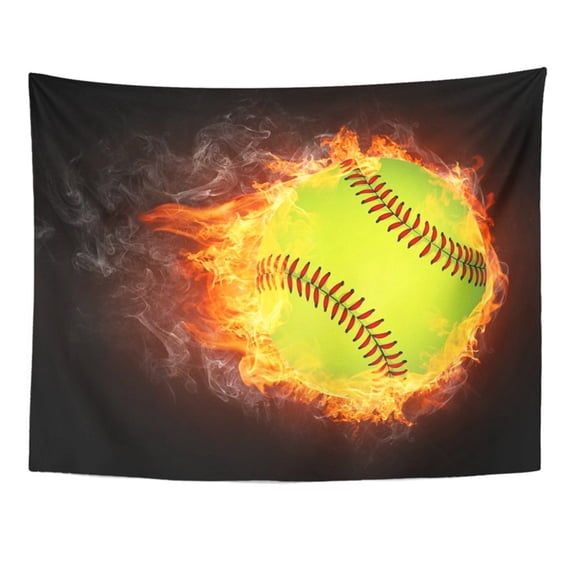 ZEALGNED Yellow Softball Baseball Ball Orange Flame Fire Sport Heat American Burning Wall Art Hanging Tapestry Home Decor for Living Room Bedroom Dorm 51x60 inch