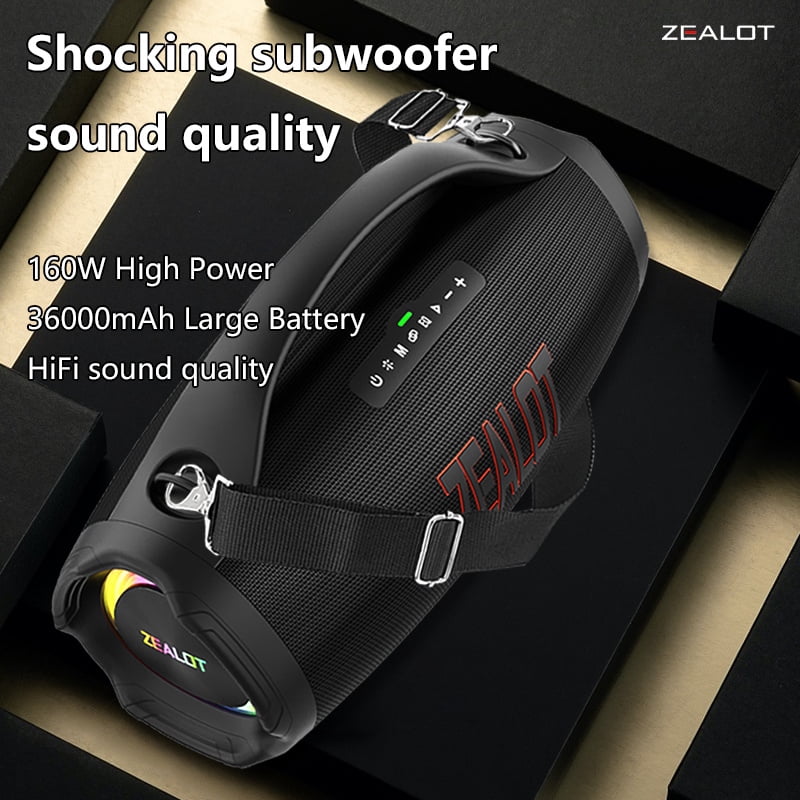 ZEALOT 160W large speaker, wireless speaker with subwoofer, playback time up to 60 hours, 36000 mAh battery, fast charging, DSP technology, waterproof grade IPX 5, dual docking, deep bass.