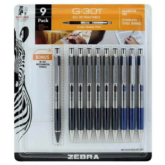 ZEBRA G-301 Retractable Gel Pen, Medium Point 0.7mm, Assorted Ink Colors, 9 Count, with M-301 Mechanical Pencil