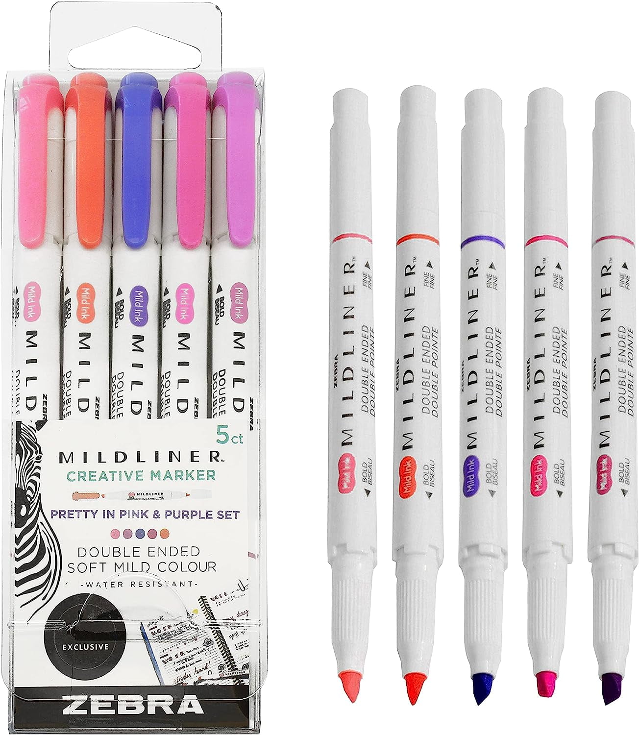 ZEBRA Mildliner Creative Marker Highlighter Pens - Double Ended - Pretty in Pink and Purple Set