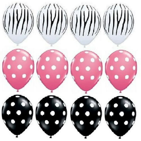 ZEBRA Stripes PRINT Black ROSE PINK Polka Dots (12) Latex Party Balloons Set