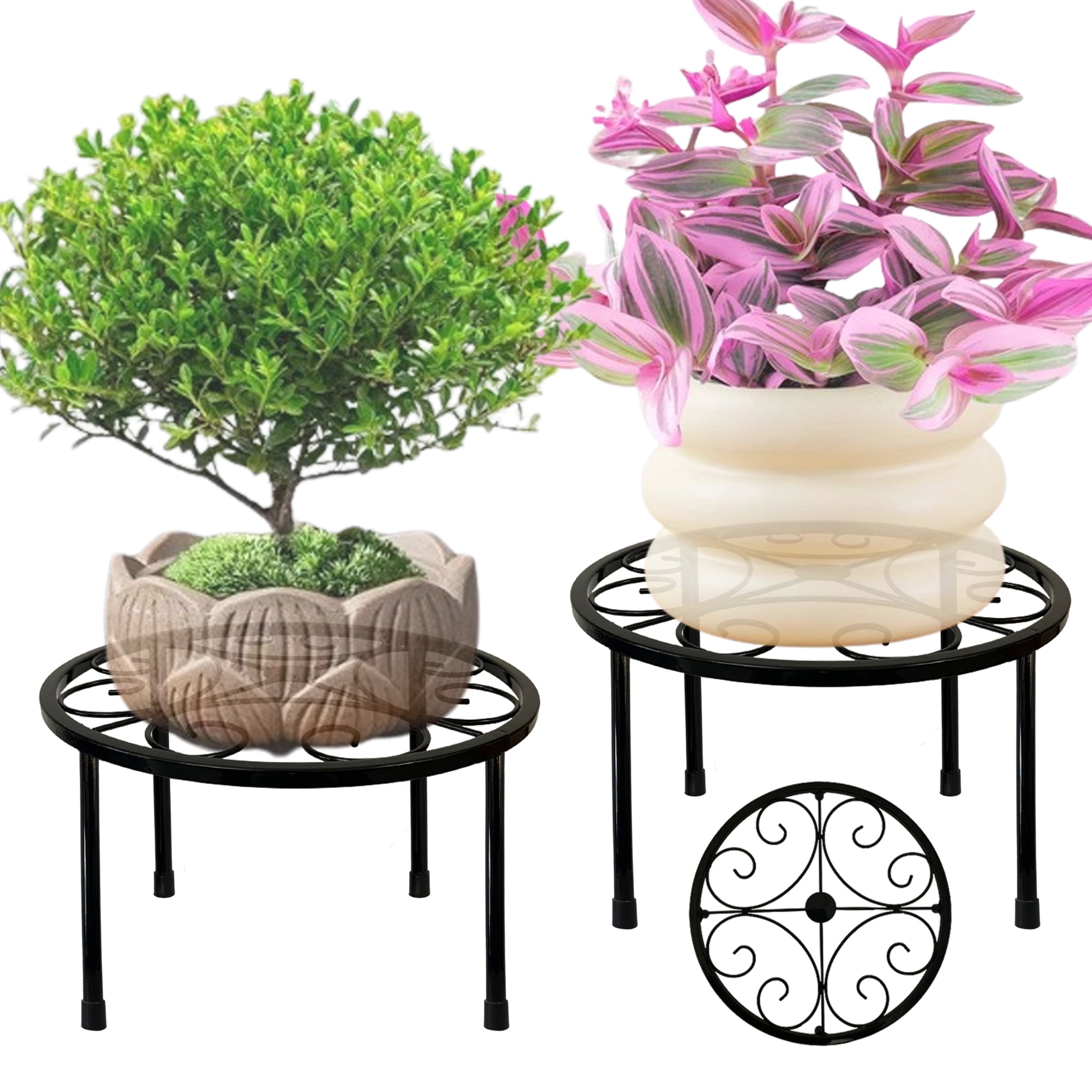 ZEECER Plant Stand Indoor Outdoor Set of 2, Retro Design 10'' Round Plant Rack, Rust-proof Coated Metal Plant Stand, Heavy Duty Flower Pot Stands Outdoor Plant Stands for Patio Garden Home Decor