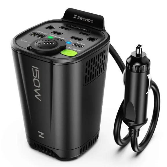 ZEEHOO 150W Portable Car Power Inverter - Dual AC Outlets, 18W USB-A & 30W PD Fast Charging, Cup Holder Design for Laptops & Phones, Black, New, 1 Total Count