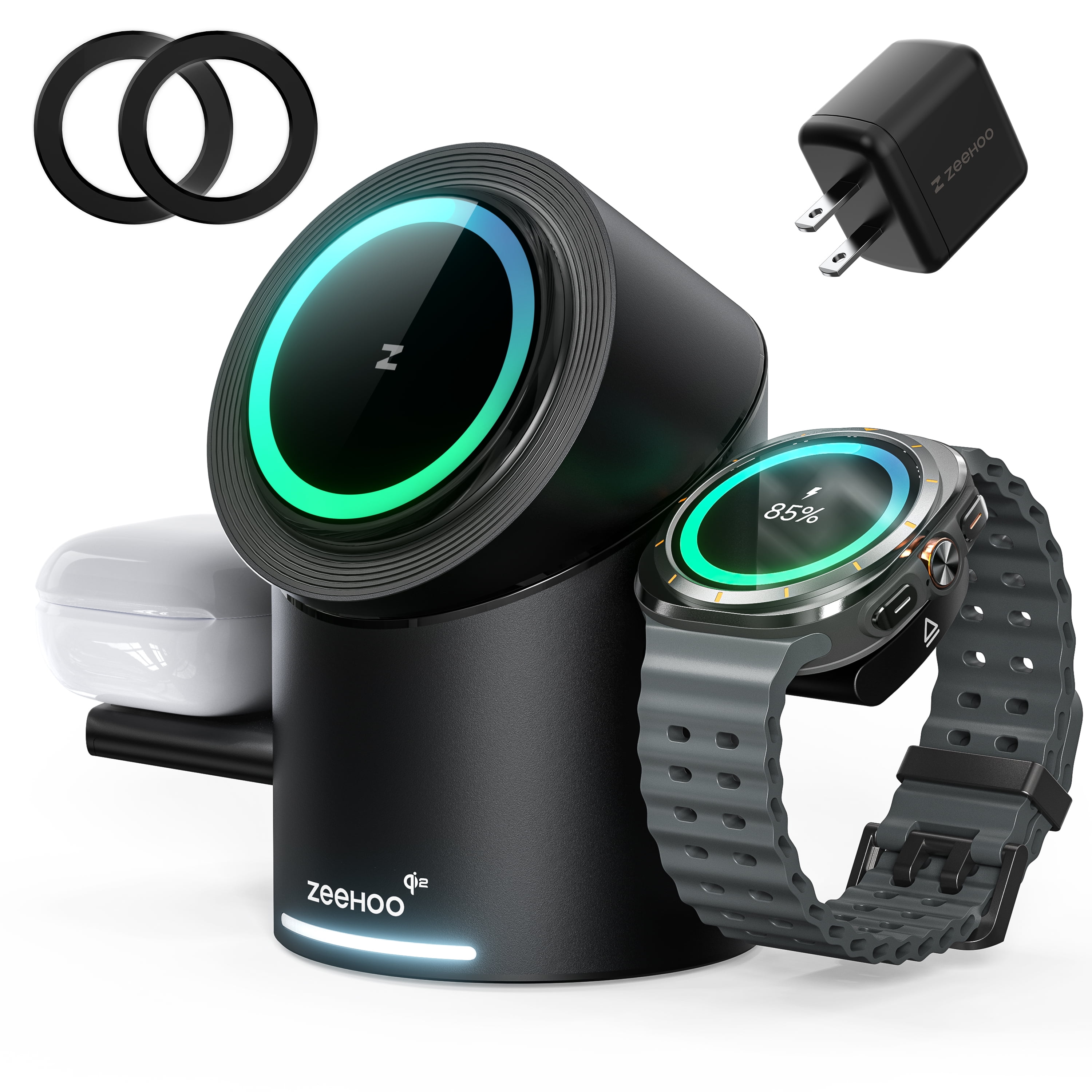 ZEEHOO 3 in 1 Charging Station for Samsung, Wireless Charger Stand, Qi2 15W Fast Charging for Samsung Galaxy, Galaxy Watch, Galaxy Buds (Black)