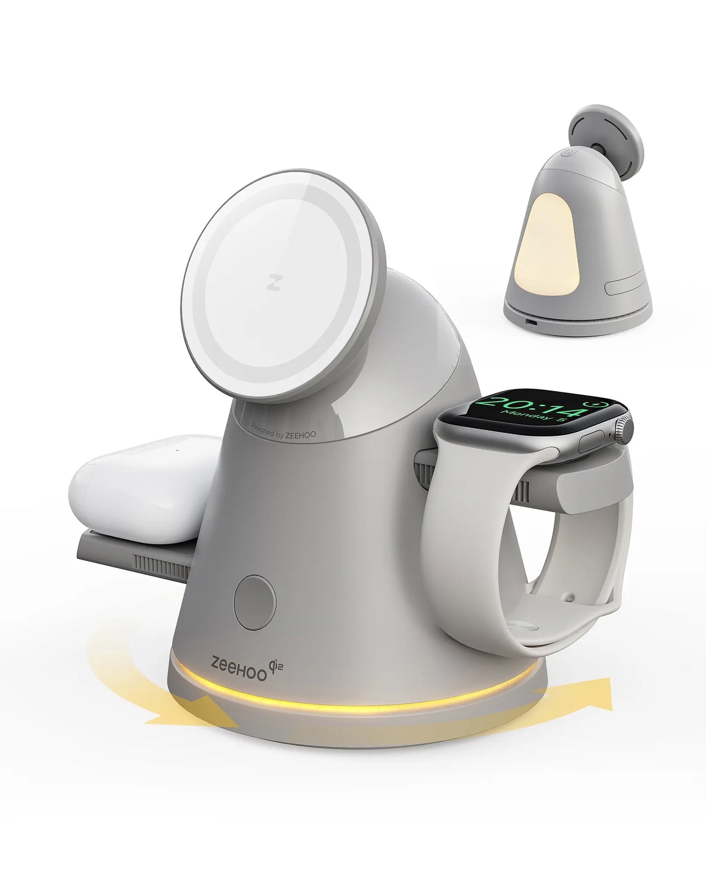 Zeehoo 4-In-1 Wireless Charging Station Qi2 15W Mag-Safe Charger with 360° Rotating Base & Adjustable Night Light, 30W Adapter