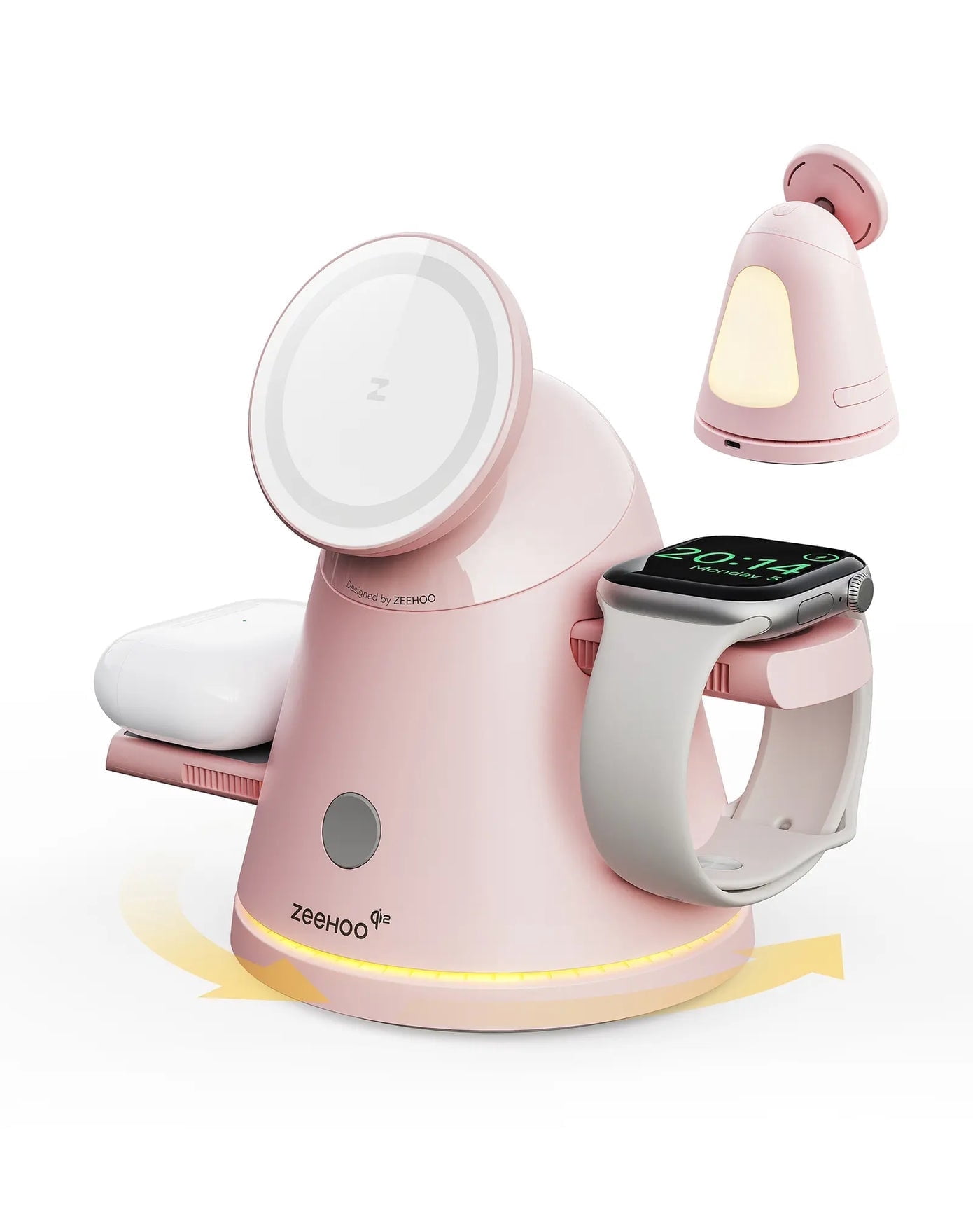ZEEHOO 4-In-1 Wireless Charging Station Qi2 15W - Mag-Safe Charger with 360° Rotating Base & Adjustable Brightness Night Light, with 30W Adapter