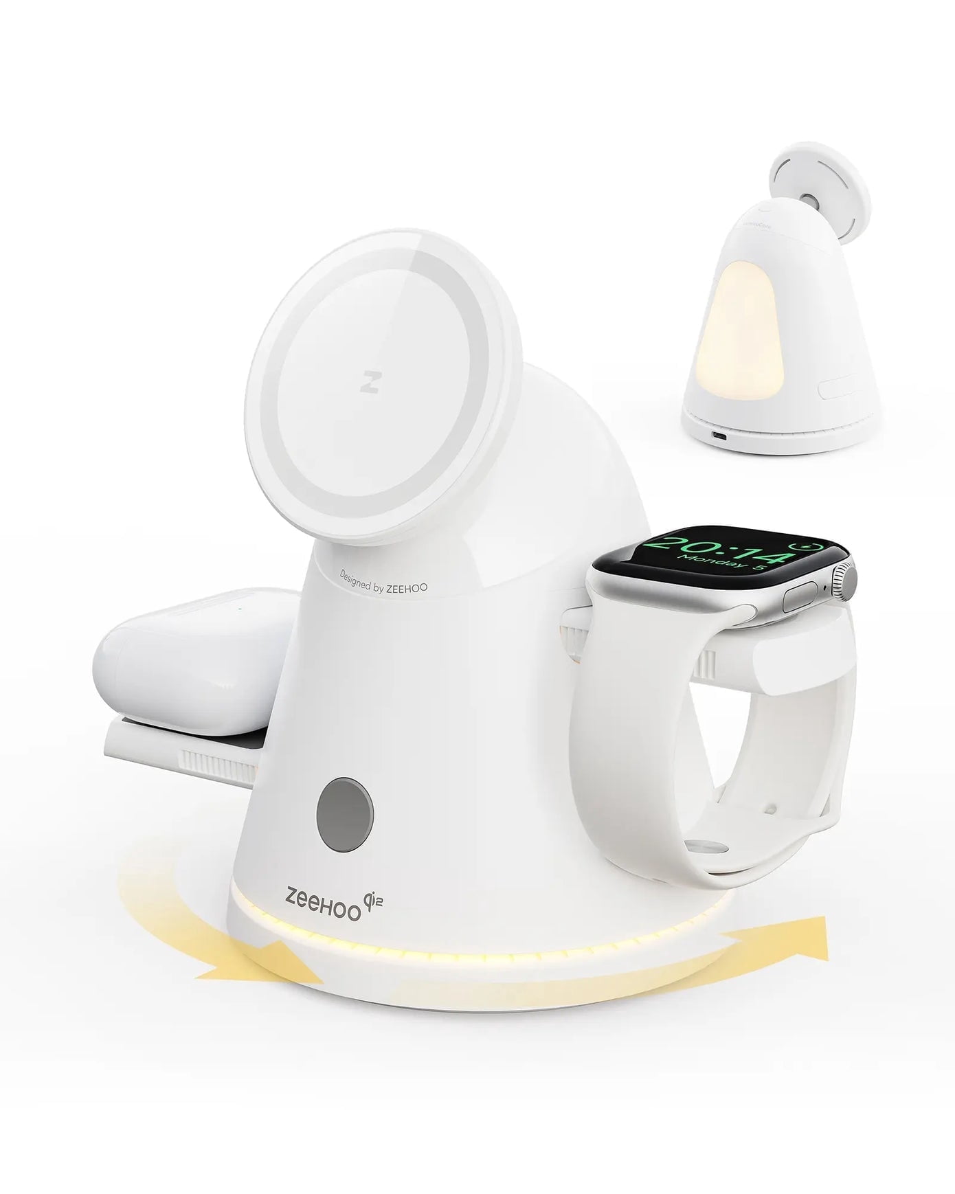 ZEEHOO 4-In-1 Wireless Charging Station Qi2 15W Mag-Safe Charger with 360° Rotating Base & Adjustable Brightness Night Light, for Iphone, Airpods, Iwatch, for Samsung & Galaxy Watch with 30W Adapter