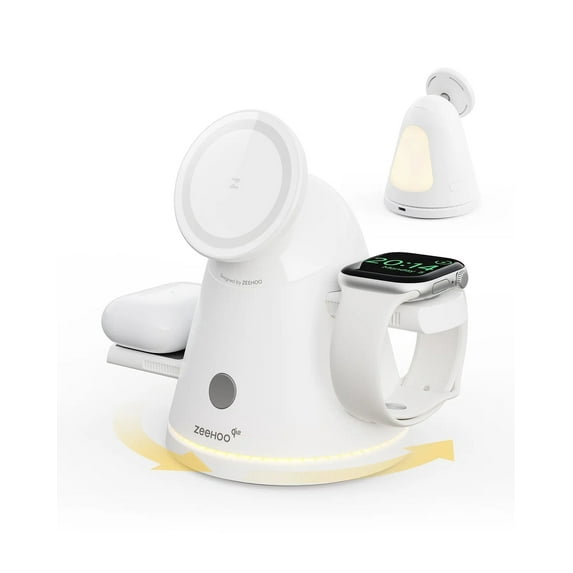 ZEEHOO 4-In-1 Wireless Charging Station Qi2 15W Mag-Safe Charger with 360° Rotating Base & Adjustable Brightness Night Light, for Iphone, Airpods, Iwatch, for Samsung & Galaxy Watch with 30W Adapter