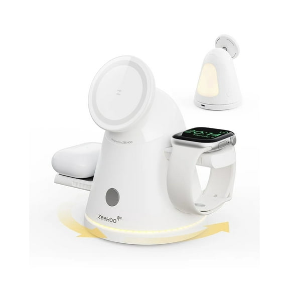 ZEEHOO 4-In-1 Wireless Charging Station Qi2 15W Mag-Safe Charger with 360° Rotating Base & Adjustable Brightness Night Light, for Iphone, Airpods, Iwatch, for Samsung & Galaxy Watch with 30W Adapter