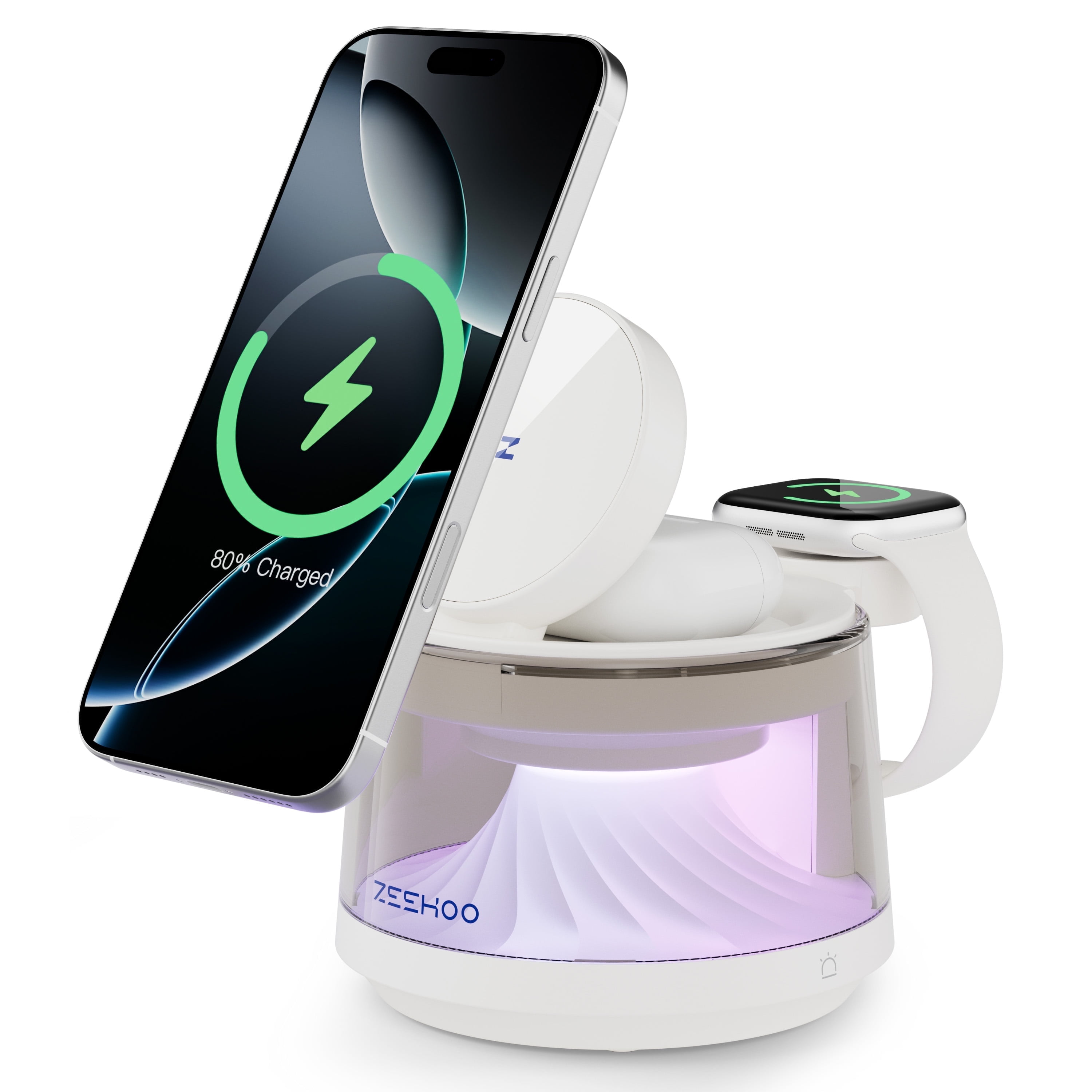 ZEEHOO 4-in-1 Wireless Charging Station with LED Night Light, 15W Fast Wireless Charger Dock for iPhone, AirPods & Apple Watch, Multi-Mode RGB Lamp, Magnetic Charging Stand for Desk & Bedside