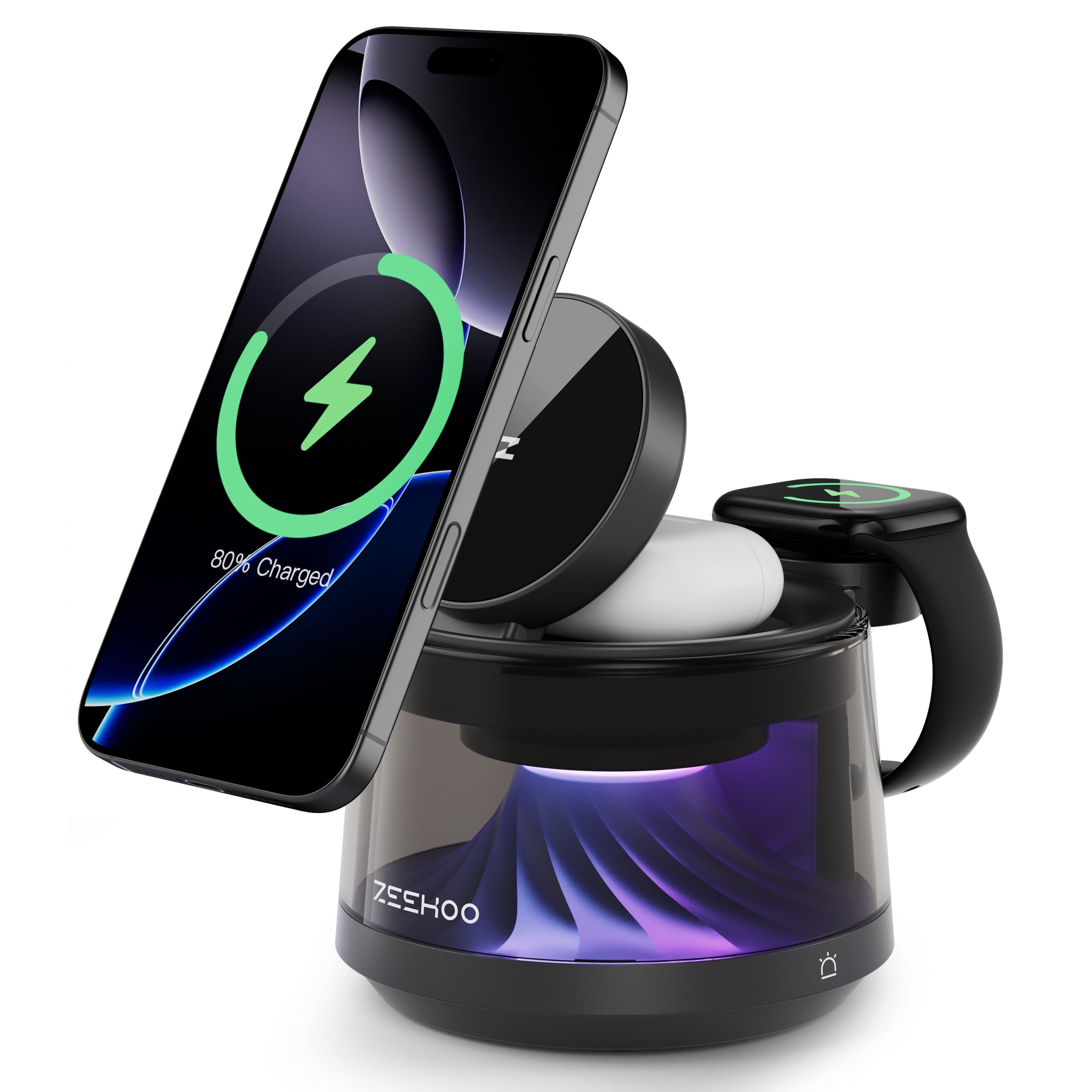 ZEEHOO 4-in-1 Wireless Charging Station with Night Light – 15W Fast Charger Stand for iPhone, AirPods & Apple Watch, Multi-Mode LED Lamp with Warm Light, RGB Flow & Breathing Colors