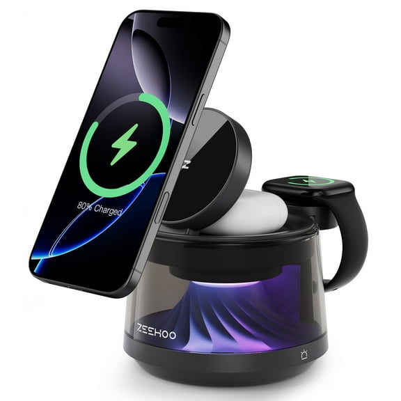 ZEEHOO 4-in-1 Wireless Charging Station with Night Light – 15W Fast Charger Stand for iPhone, AirPods & Apple Watch, Multi-Mode LED Lamp with Warm Light, RGB Flow & Breathing Colors