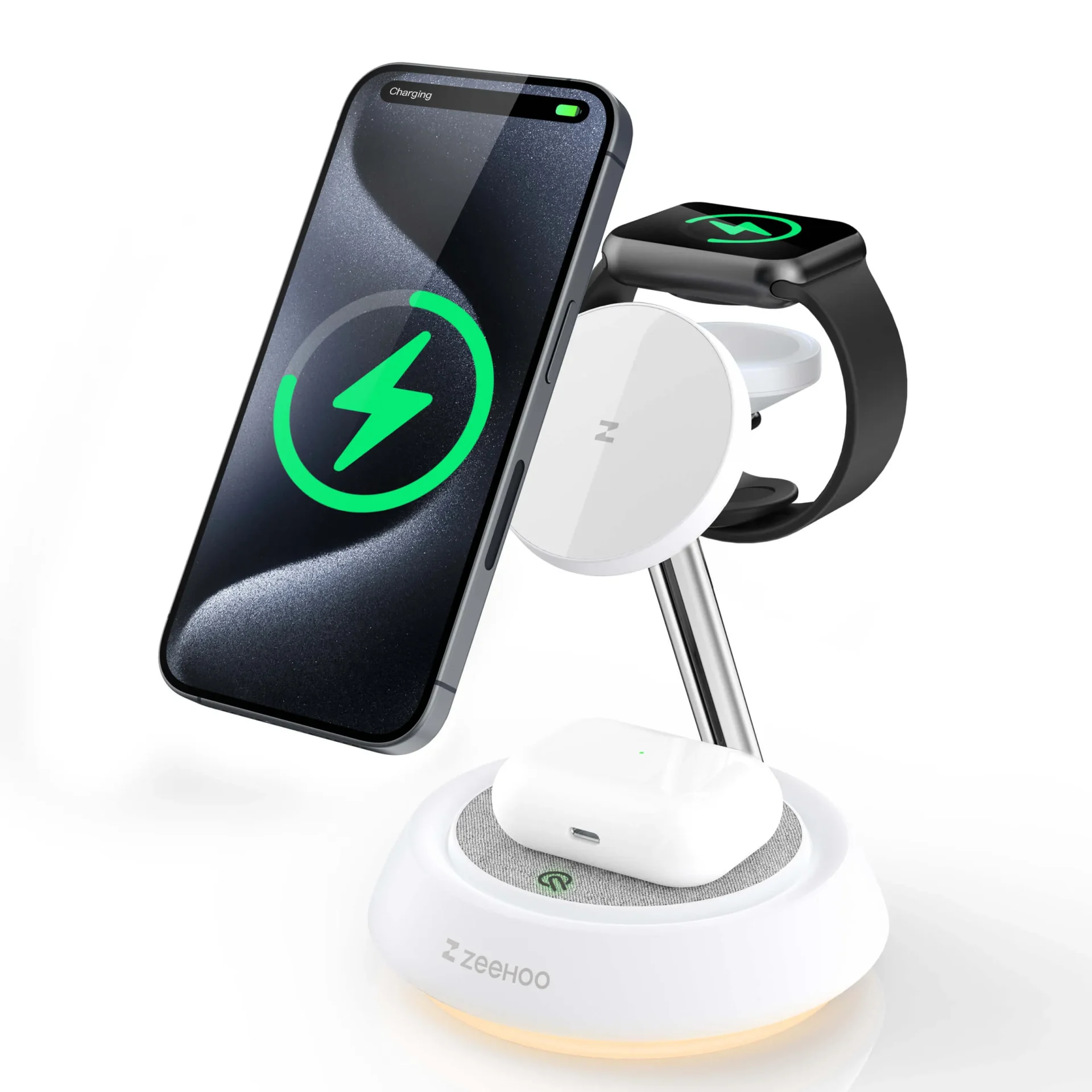 ZEEHOO 4-in-1 Wireless Charging Station with Night Light, Fast USB Charger Stand for iPhone 16 15, Apple Watch, AirPods, Multi-Device Compatibility, Sleek Design with LED Indicator