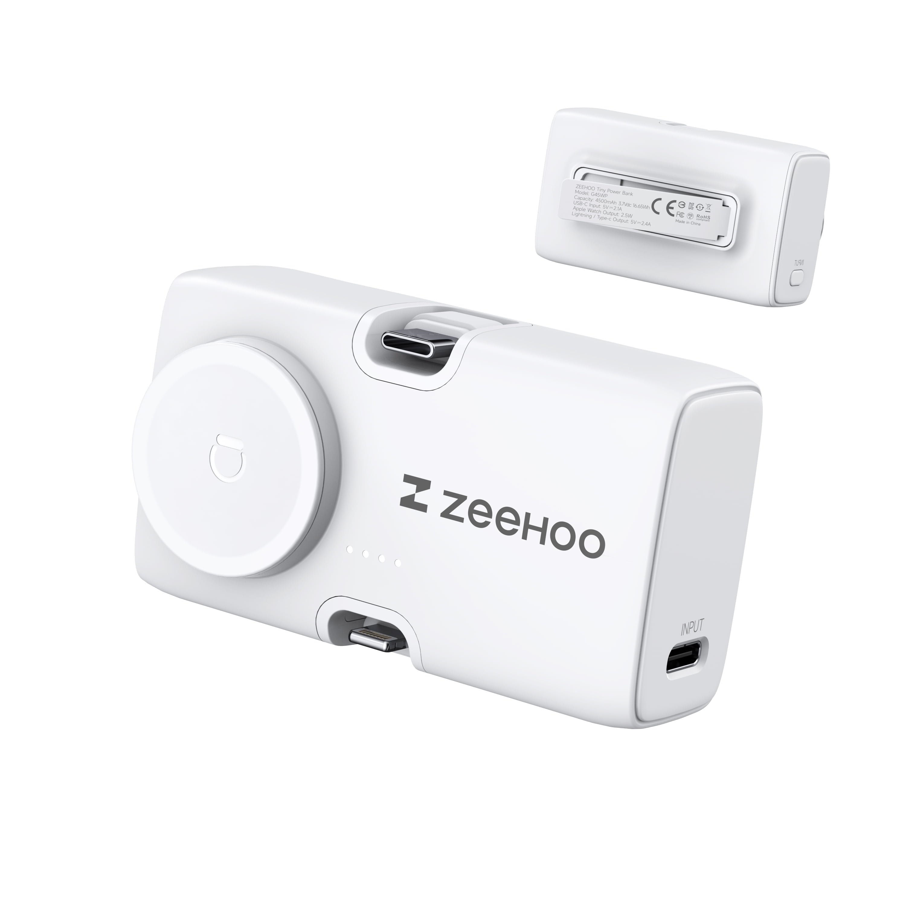 ZEEHOO Tiny Power Bank, Built-In USB-C & Light-ning Connector for iPhone, Samsung, USB Type-C, for Apple Watch Wireless Charging