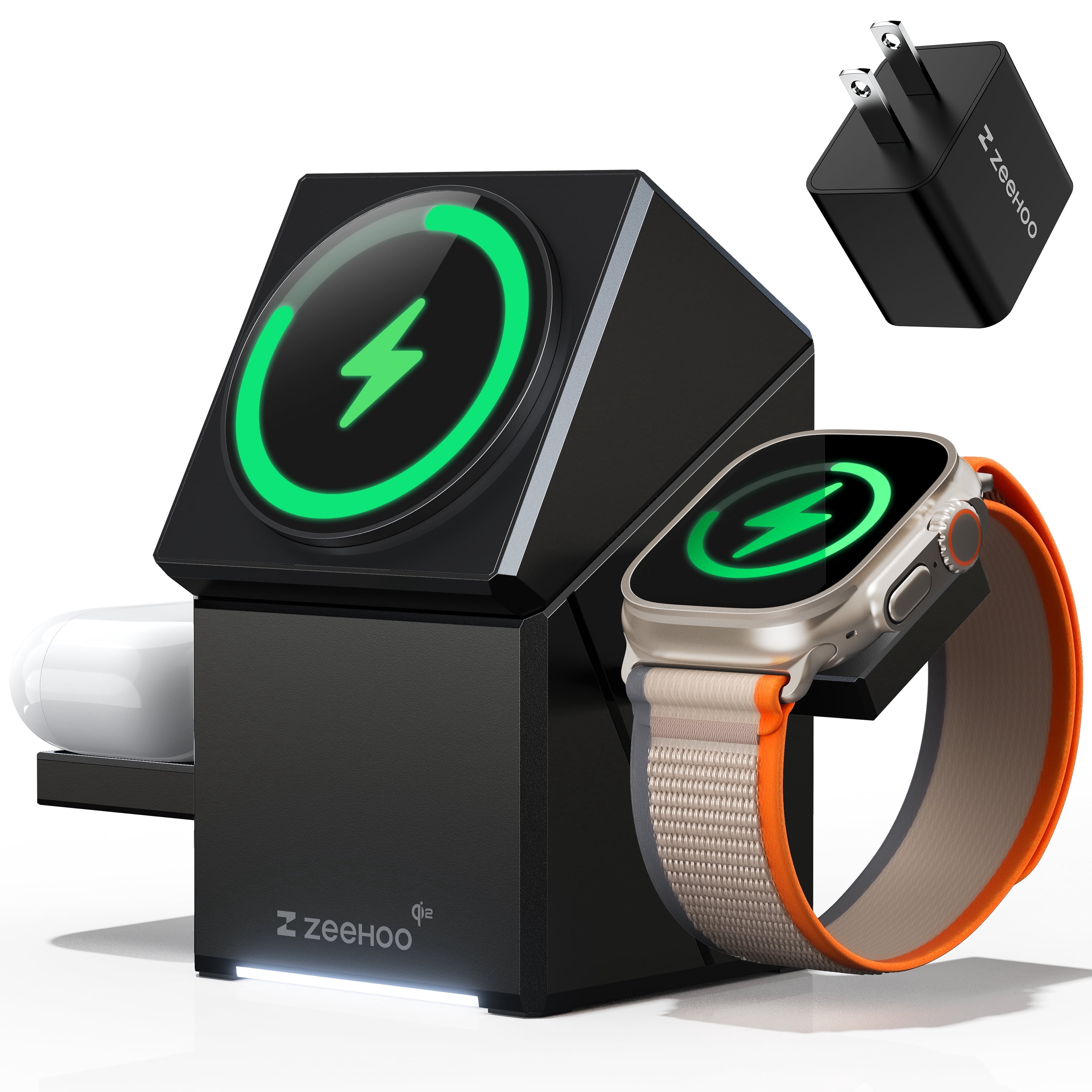 ZEEHOO 3-in-1 Qi2 Certified Wireless Charging Station for iPhone, Apple Watch & AirPods, 15W Fast Charger, with 30w Adapter, Black