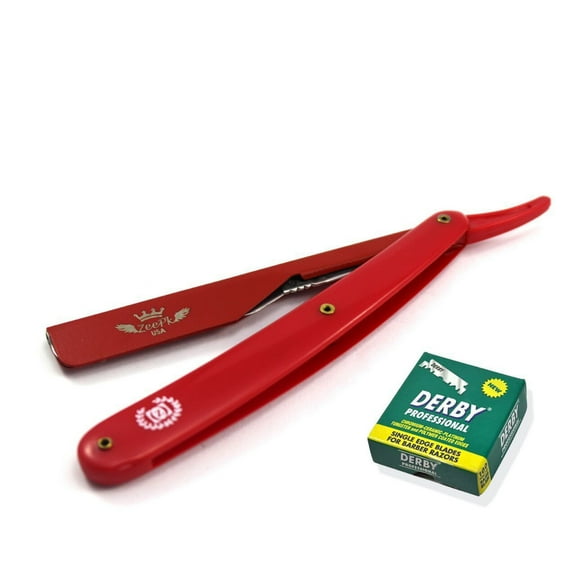 ZEEPK ALL RED BEARD CUT THROAT (SHAVETTE) STRAIGHT BARBER RAZOR 100 DERBY BLADES