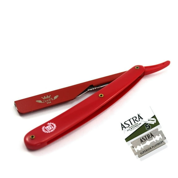 ZEEPK ALL RED BEARD CUT THROAT (SHAVETTE) STRAIGHT BARBER RAZOR + 5 ASTRA BLADES