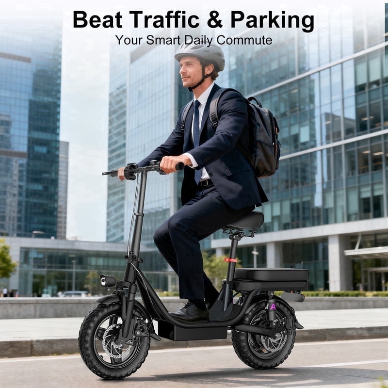 ZEFIORA Foldable Electric Scooter with Seat for Teen Adults,14" Commuter Escooter with Two Seat & Wide pedals, 48V 10Ah Battery, UL2272 Certified