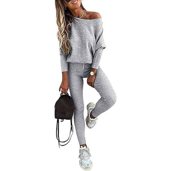 ZEFORTEX 2 Piece Lounge Outfit 2025 Long Sleeve Knit Pullover Tops Drawstring Pants Set Tracksuit Sweatsuit