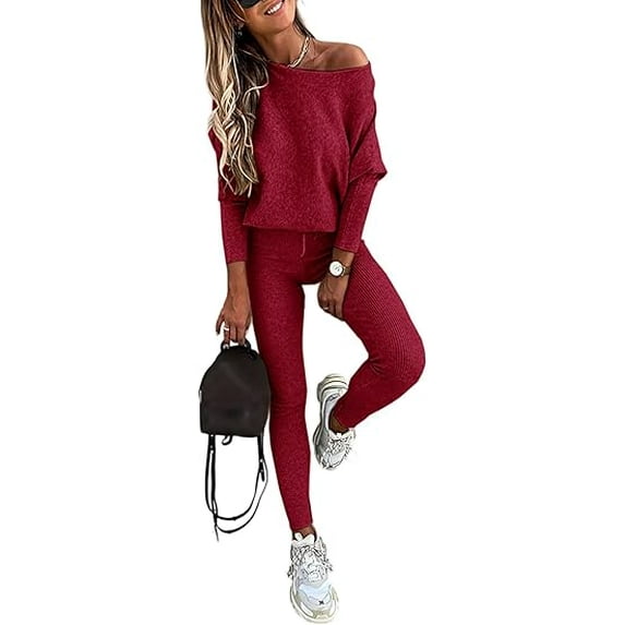 ZEFORTEX 2 Piece Lounge Outfit 2025 Long Sleeve Knit Pullover Tops Drawstring Pants Set Tracksuit Sweatsuit