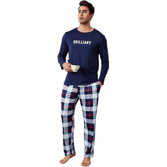 ZEFORTEX Men's Pajamas Set Long Sleeve Top with Plaid Pants Soft Sleepwear Loungewear
