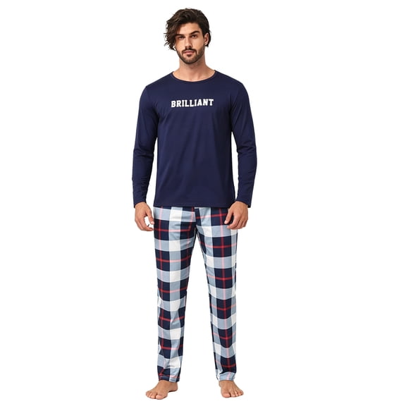 ZEFORTEX Men's Pajamas Set Long Sleeve Top with Plaid Pants Soft Sleepwear Loungewear